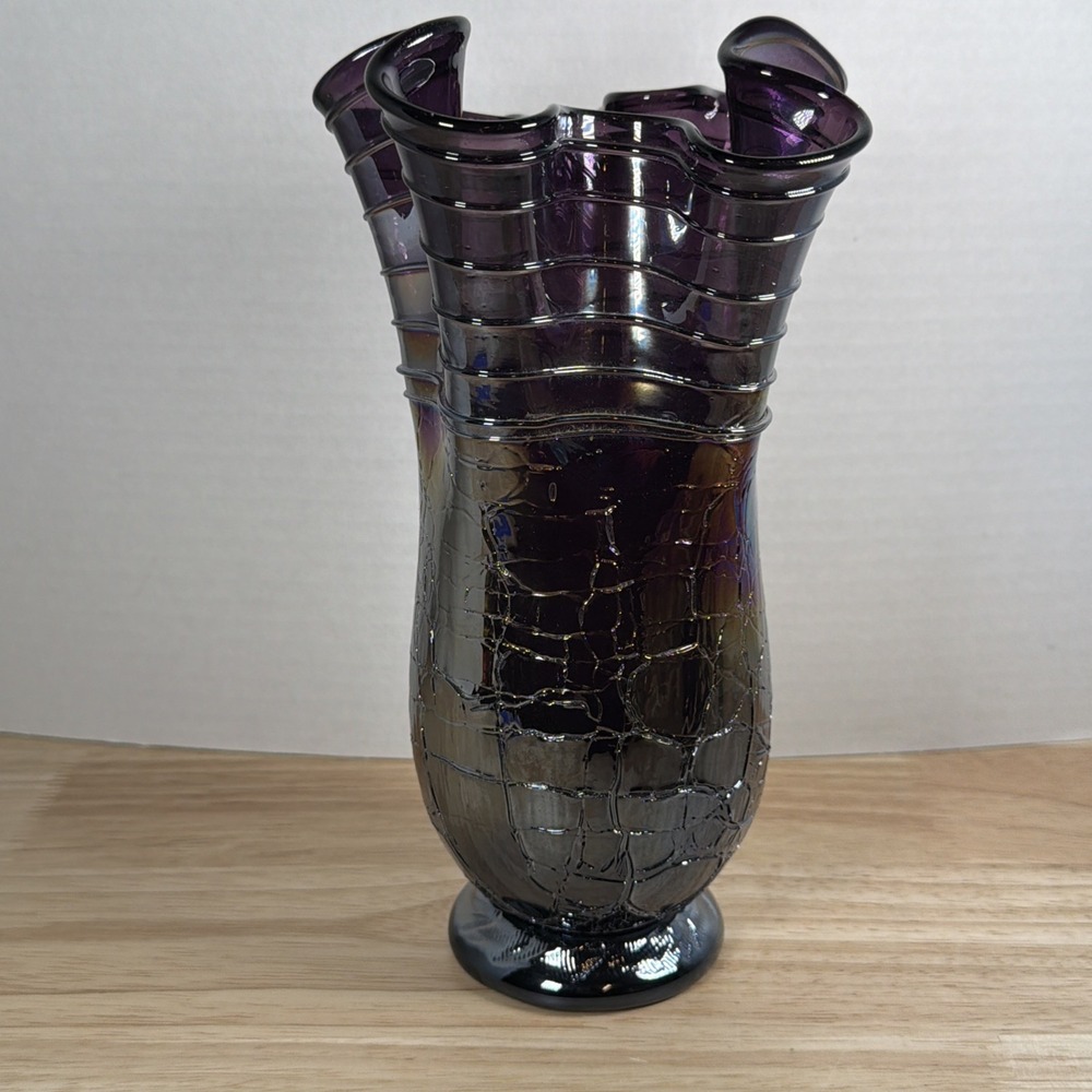 Vintage Rare Hand Blown Iridescent Crackle Glass Vase Purple Amethyst Twist